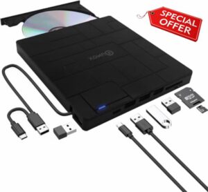 QUMOX 8-in-1 External CD DVD Drive USB 3.0 with USB-C