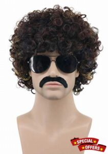 Karlery Men Women Short Curly Bob Brown Wig with Gold Mustache Rocker Disco Afro Wig for California Halloween Cosplay Party and Anime Costume