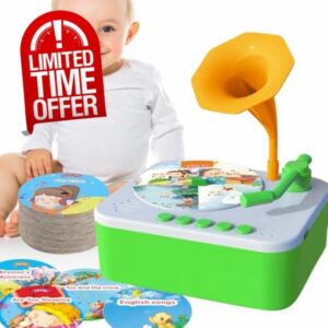 Xujuika Kids Gramophone with 96 Cards - Kids Phonograph Toddler Record Player - Sensory Learning Educational Storytelling Music Box for 3+ Years Boys Girls Daughter Children So