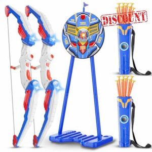 QCTOYS Bow and Arrow Set for Kids 2 Pack - LED Light Archery Set with Feedback Standing Target 20 Suction Cup Arrows 2 Quivers Indoor Outdoor Archery Sport Toys for Boys Age 4 5 6 7 8 9 Xmas Gifts