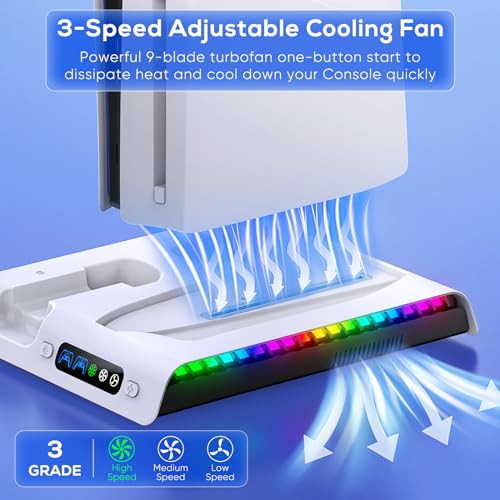 Vertical Controller Charger Station with 9 RGB Lights & Headset Hook & 3-Level Silent Fan