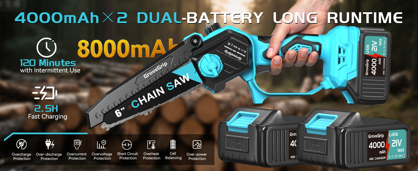 Text reads '4000mAh x2 DUAL-BATTERY LONG RUNTIME' and '8000mAh'. Multiple views of a teal-colored device with digital display and battery indicator icons. Professional camera equipment setup shown.