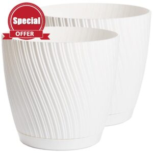 Large Plant Pots Indoor – Set of 2 with Drainage & Saucer