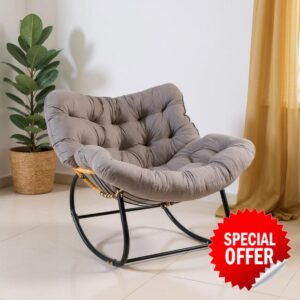 Egg Chairs Oversized Rattan Wicker Outdoor Rocking Chair Metal Frame Garden Rocking Chair Large Support Modern with Cushioned Seat (Light Grey)