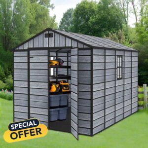 BIRCHTREE 8X10FT Plastic Garden Shed with Floor Apex Roof Wood Grain Effect Fade Free All Weather Resistant Lockable Door Outdoor Storage Box Air Vent&Window Garden Tool Shed Low Maintenance Grey
