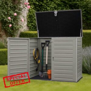 Large 1170L Garden Storage Cabinet | Grey 140x82x120cm Outdoor Front & Top Opening Tool & Equipment Box | Weather Resistant Sturdy Plastic Shed | Holds 2 x Wheelie Bins | Gas Lift Lid & Padlock Clasp