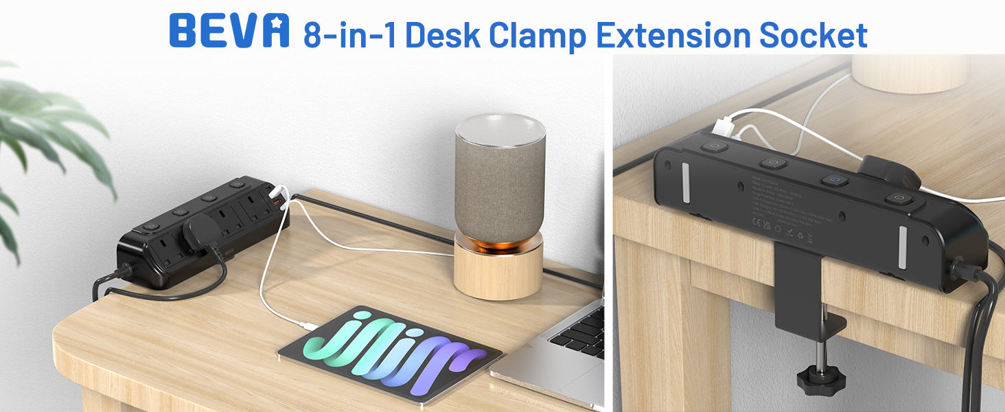 Text reads 'BEVH 8-in-1 Desk Clamp Extension Socket'. Product images showing desk clamp power strip mounted to various desk edges.