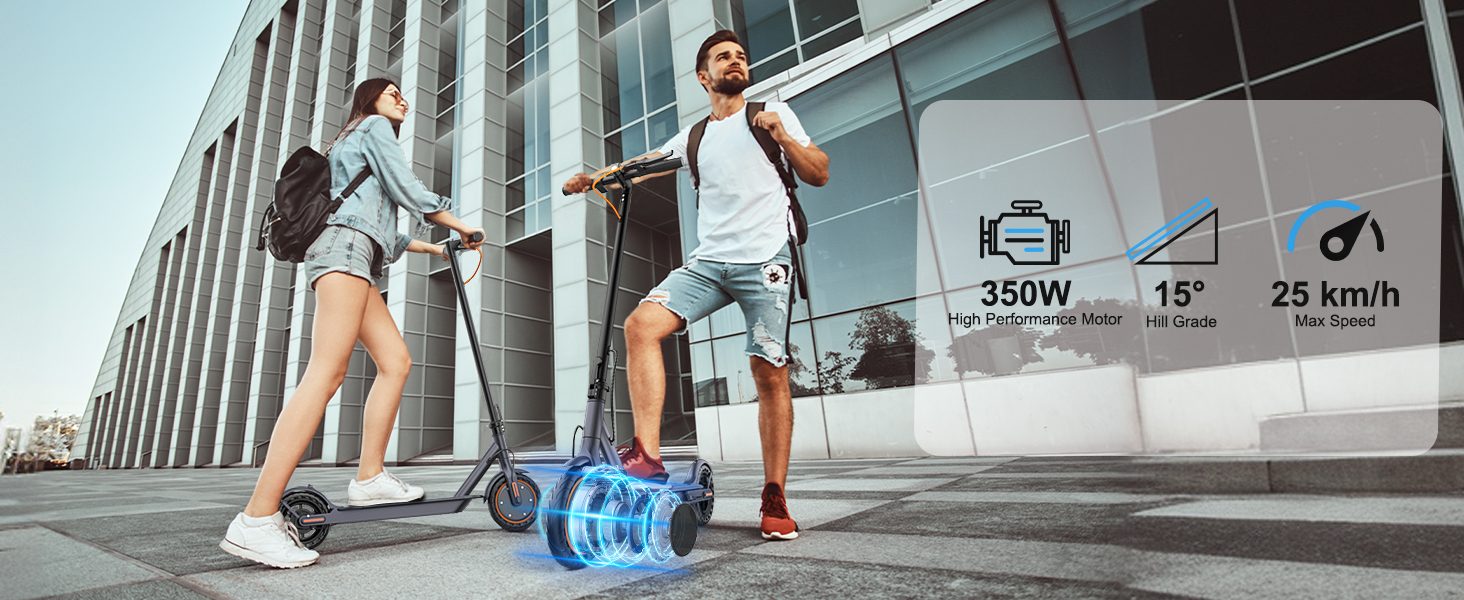 Electric scooter with 350W power, 20KM range, 25 Km/h speed, 15° climbing ability, 8.5 inch wheels, and 120 KG load capacity. Two people riding scooters in a park setting.
