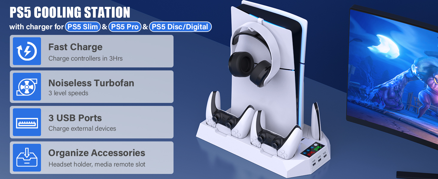 Text reads 'PS5 Cooling Station'. Gaming console cooling station with blue LED lighting. Interface shows multiple ports and cooling features.