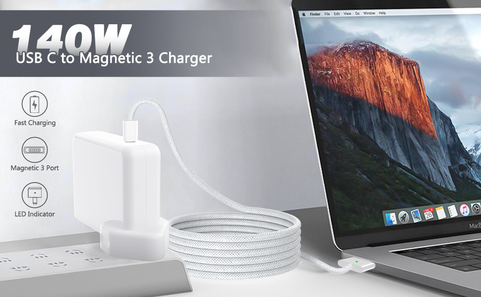 Text reads '140W' and 'USB C to Magnetic 3 Charger'. Product showcase of white charging device with MacBook, featuring technical icons indicating charging capabilities.