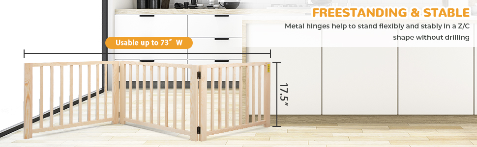 Text reads 'COLLAPSIBLE & EXPANDABLE'. Product shows adjustable safety gate or barrier in white, with installation diagram against wall.