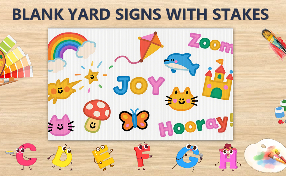 Blank yard sign with colorful cartoon illustrations including rainbow, kite, dolphin, castle, and text 'JOY' and 'Hooray'. Surrounded by paint swatches and cartoon characters.