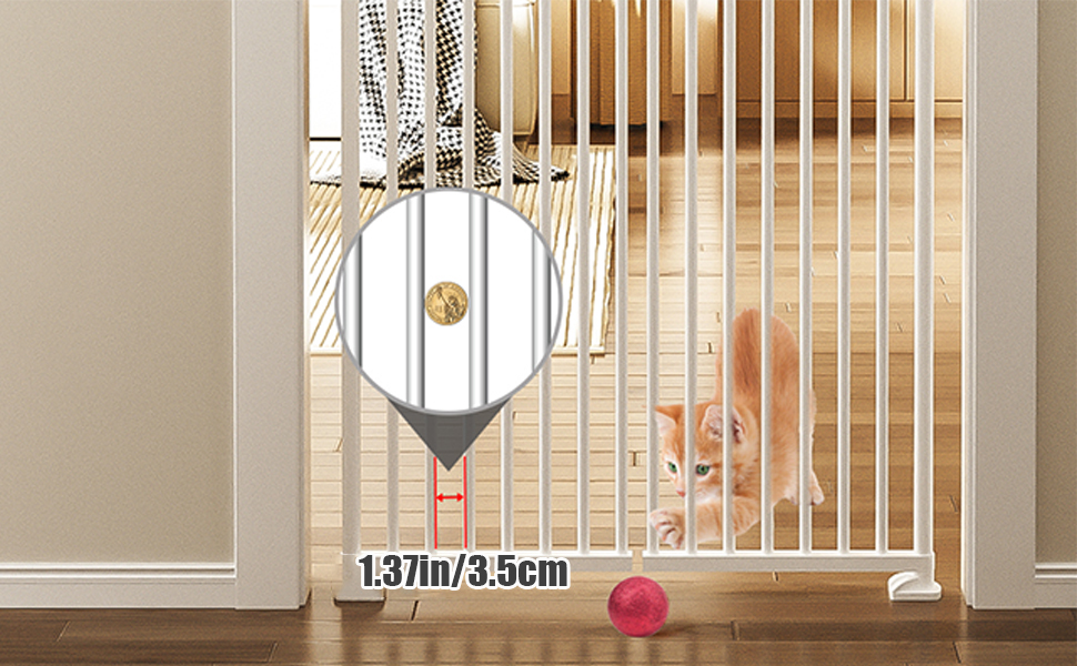 Text reads 'EXTRA TALL PET GATE' and 'Prevent the cat from moving'. Series of images showing a tall white pet gate installation and usage in doorways.