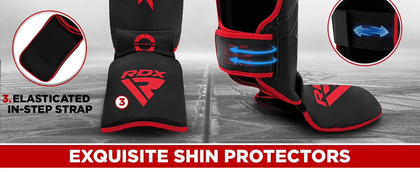 Text reads 'EXQUISITE SHIN PROTECTORS'. Multiple views of black and red shin guards with elasticated in-step strap, showing various angles and protective features.