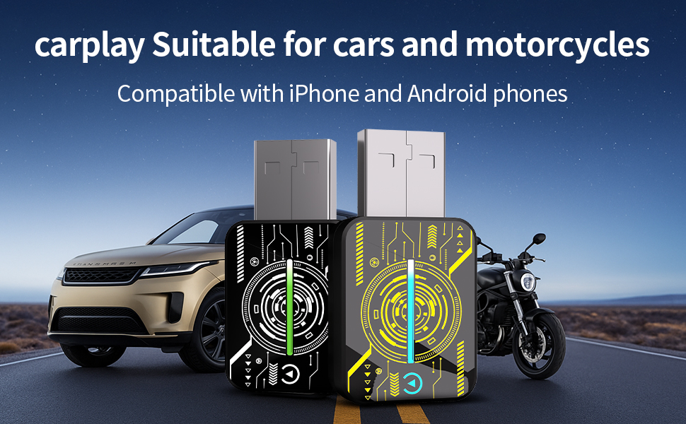 Text reads 'carplay Suitable for cars and motorcycles' 'Compatible with iPhone and Android phones'. Shows navigation interface displays and motorcycle mounting examples.