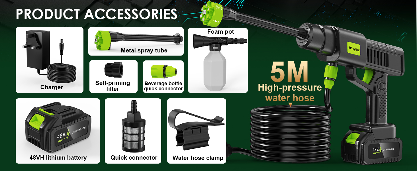 Text reads 'PRODUCT ACCESSORIES'. Digital display showing various power tool accessories including batteries, chargers, and attachments with green interface elements.