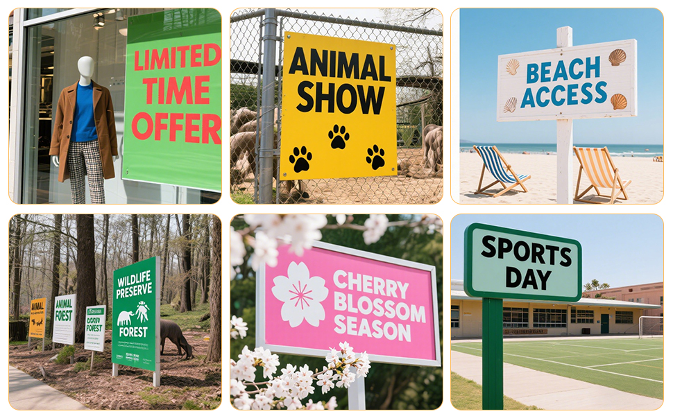 Composite image of six signs: 'Limited Time Offer', 'Animal Show', 'Beach Access', 'Wildlife Preserve', 'Cherry Blossom Season', and 'Sports Day'. Signs show various outdoor settings and events.