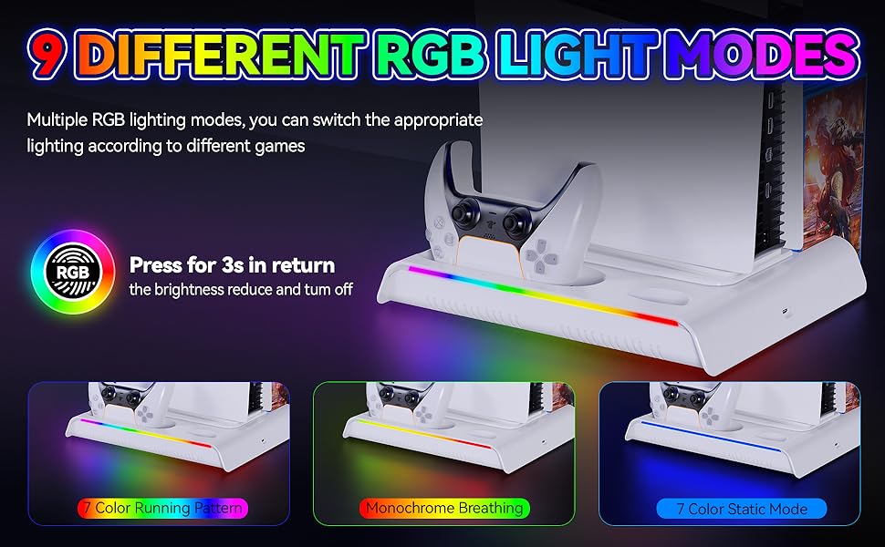 Text reads 'COMPATIBLE WITH PS5/PS5 SLIM/PS5 PRO'. Product shots showing white gaming console stand with RGB LED lighting effects from multiple angles.