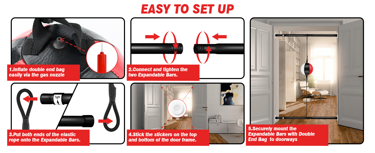 Boxing equipment diagram showing double-end punching bag details with black and red mounting components and technical specifications.