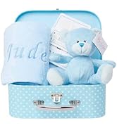 Text reads 'Ella'. Pink suitcase-style box containing a matching pink plush teddy bear with bow attachment.