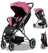 Multiple views of a black compact folding stroller with grey accents, showing front, side, and folded positions.
