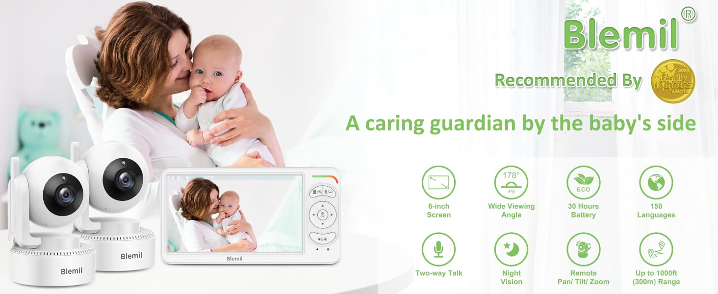 Baby monitor system with camera units and parent display. Features include temperature monitoring, two-way audio, night vision, and lullabies, as shown by icons.