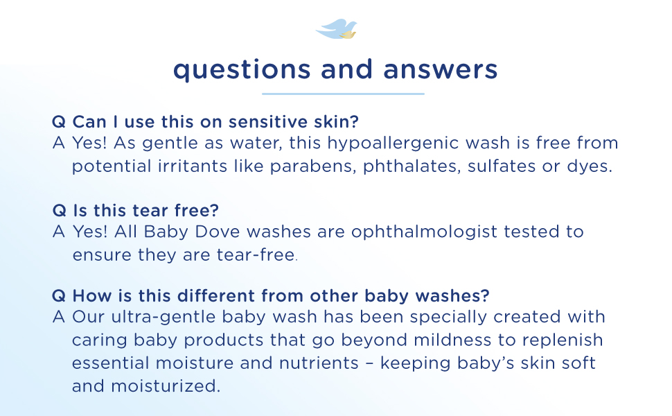 Product Q&A section for baby wash. Three questions address skin sensitivity, tear-free formula, and unique features of the product.