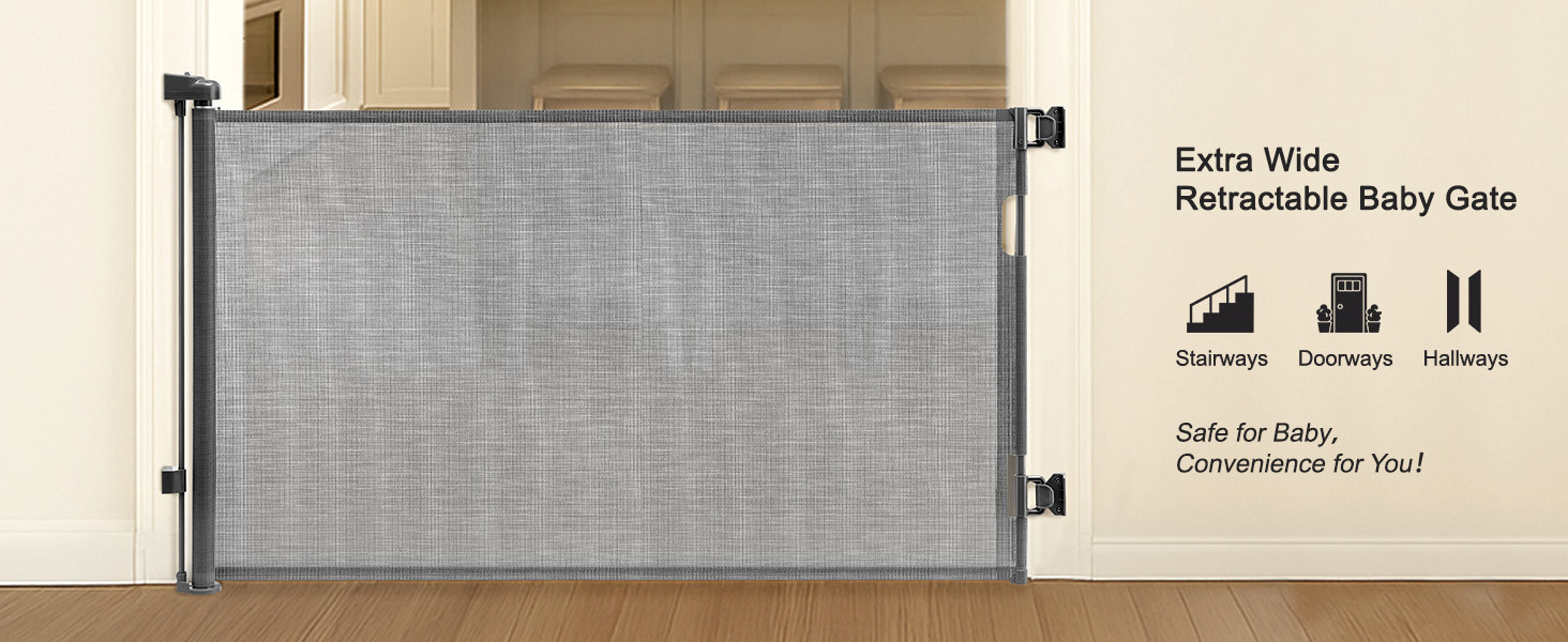 Extra-wide retractable baby gate with gray mesh fabric. Features include staircase and doorway compatibility, portability, and safety for babies. Mounted between two light-colored walls.