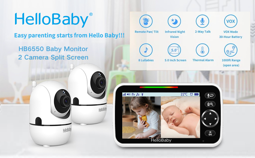 HelloBaby monitor system with two white camera units and parent display unit, showing baby monitoring interface and feature icons.