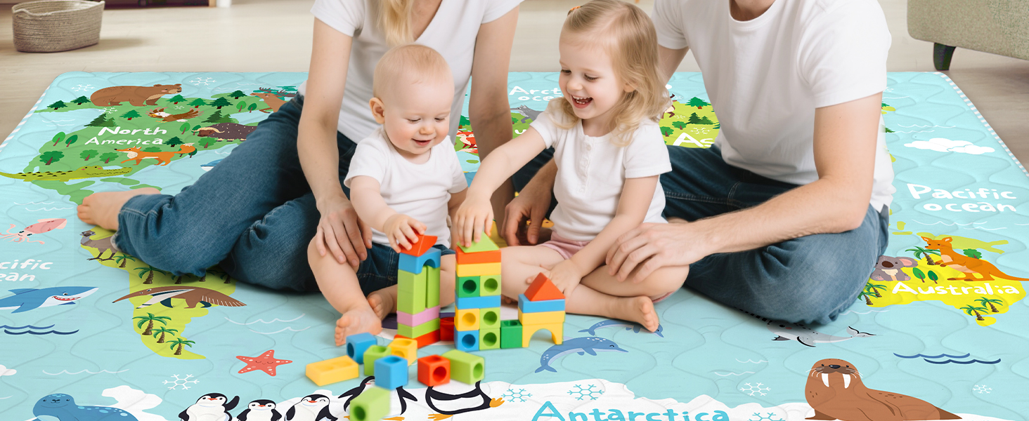 Multiple images showing children engaged with colorful educational map or play mat featuring various interactive elements.