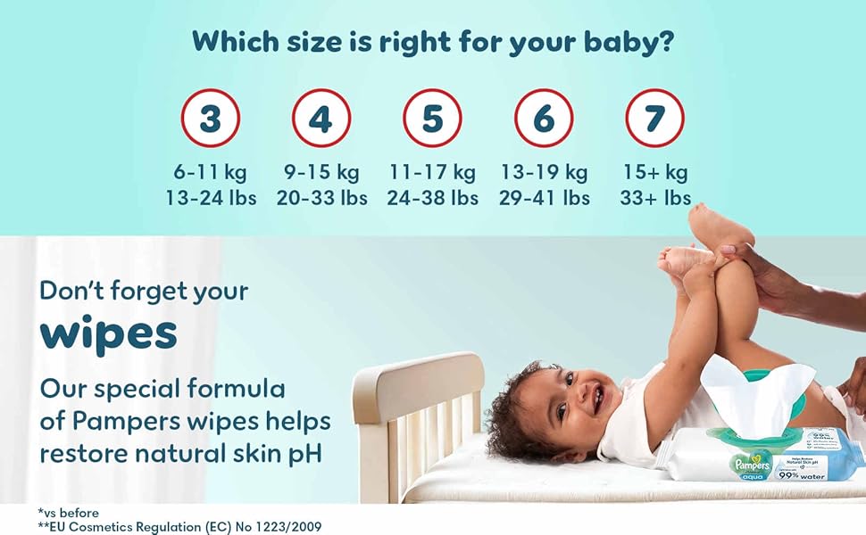 Diaper size chart showing weight ranges for sizes 3-7, accompanied by baby care information and wipes recommendation.