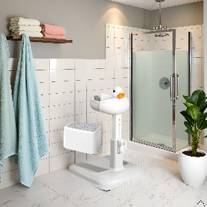 A bathroom with a tiled floor and walls, featuring a product on a wooden stool.