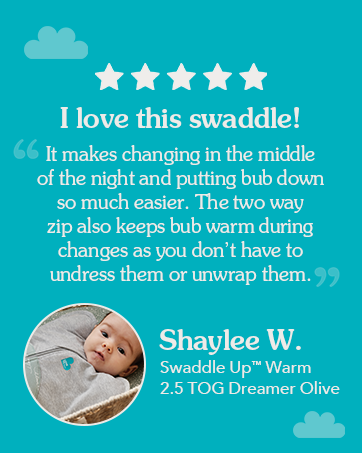 Product review display with five turquoise stars and testimonial text about an organic sleep suit, featuring cloud icons and product details in turquoise typography.