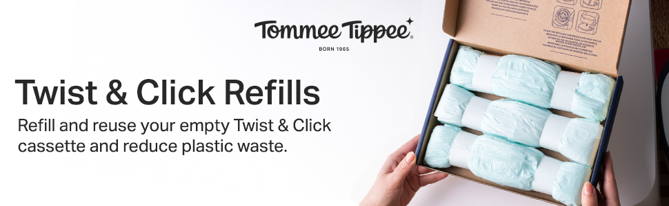 Text reads 'Twist & Click Refills', 'Femme Tippes'. Product shows candle refill system with claims about being cassette-style and reducing plastic waste.
