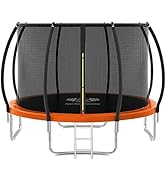 Green and black hexagonal children's trampoline with safety enclosure net. Features padded frame, spring cover, and reinforced legs. Child demonstrating use by jumping inside.