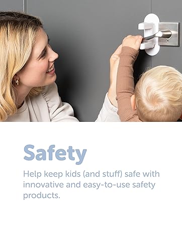 Electrical outlet safety product being installed by an adult while a child watches. Text below reads 'Safety: Help keep kids (and stuff) safe with innovative and easy-to-use safety products.'