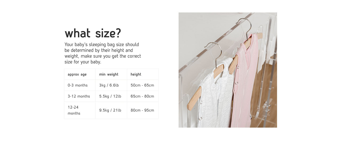 Size chart for clothing with measurements. Image shows hangers with light-colored garments hanging, possibly dresses or shirts.
