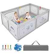 Large mesh playpen with gray carrying case, colorful ball pit accessories, and hanging toys. Features transparent mesh sides.