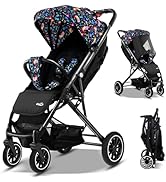 Black stroller shown from three angles: side view, front view, and folded position. Features sleek design with black frame and wheels, collapsible canopy.