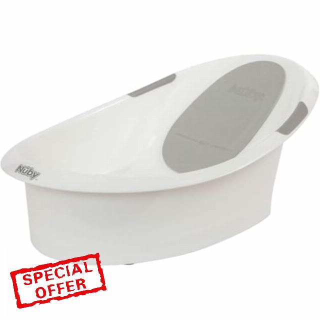 Nuby Newborn Baby Bath with Anti-Slip Support | Soft Headrest | Plug | Suitable from Newborn (White)