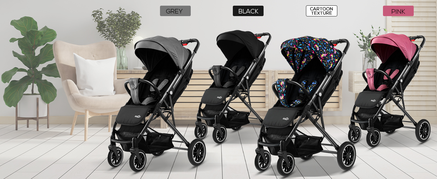 Product lineup showing multiple black double strollers in different configurations, displayed in a white room setting with plant decorations.