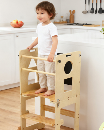 White wooden furniture piece with star-shaped cutouts and natural wood accents, shown from multiple angles. Appears to be children's furniture with decorative elements.