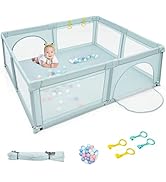 Colorful baby playpen with blue, red, yellow panels and mesh sides. Includes ball pit accessories and play items.