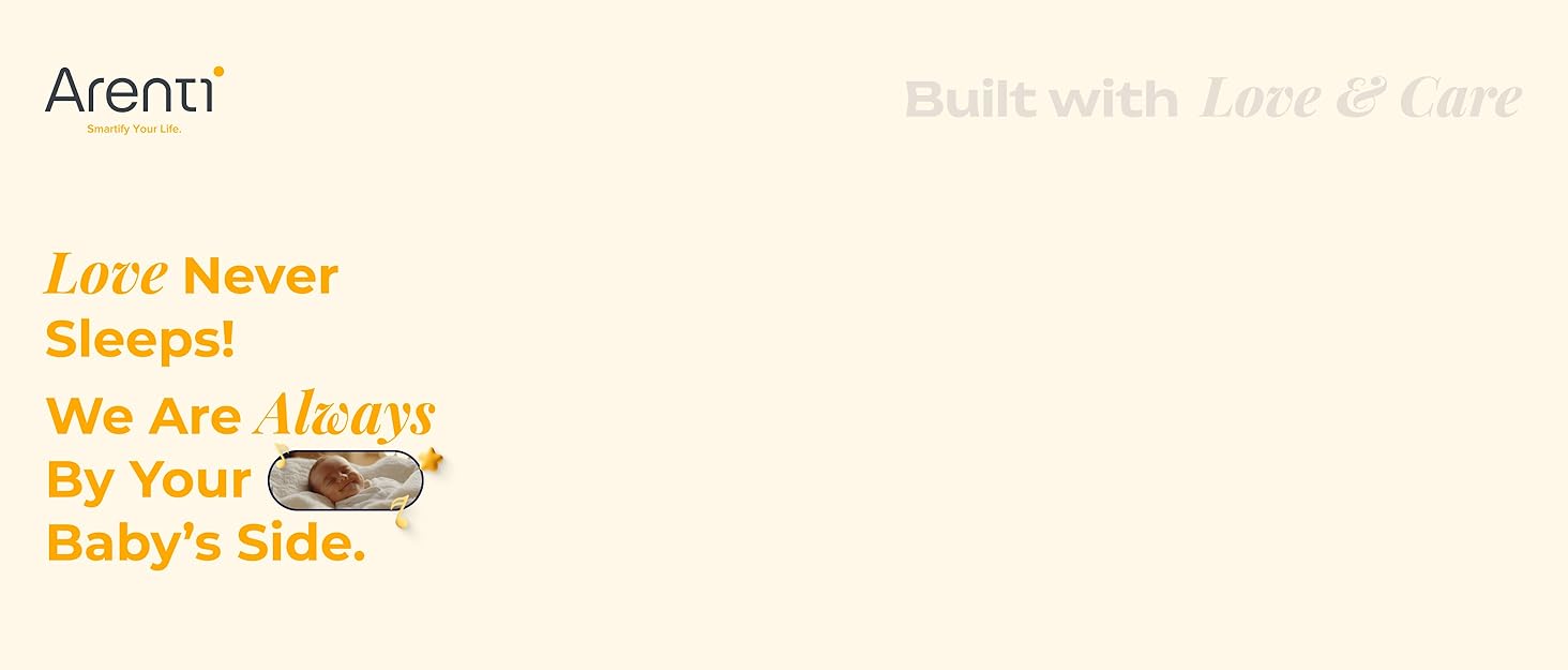 Marketing image with text 'Love Never Sleeps! We Are Always By Your Baby's Side.' Small icon of a sleeping baby. Beige background with 'Aren1' in top-left corner.