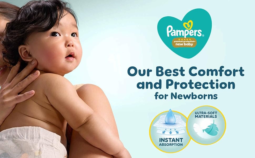 Text reads 'Pampers Our Best Comfort and Protection for Newborns'. Marketing image with circular Pampers logo in teal and comfort/protection indicator symbols.