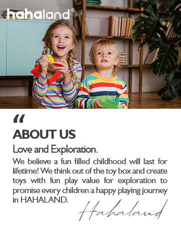 Two children playing with colorful toys. Text describes Hahaland's commitment to creating fun, educational toys for a lifetime of exploration.