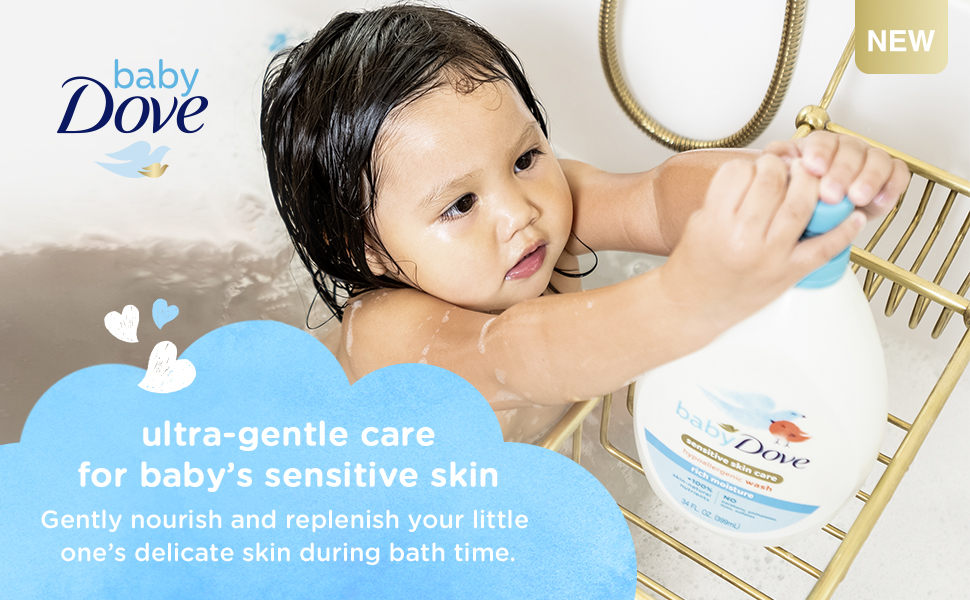 Baby Dove bath product advertisement showing bath time scene with white product container. Text promotes ultra-gentle care for sensitive skin.
