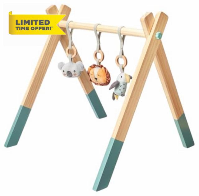 Nuby Animal Adventures Wooden Play Gym – Activity Baby Suitable from Birth with Toys for Sensory Development