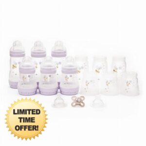 MAM Easy Start Anti-Colic Bottle Starter Set | 17 Pieces | Includes 6X Bottles and MAM Original Start 0-2 Month Soother | Baby Gift Set of Newborn Essentials | Large | Lilac (Various Designs)