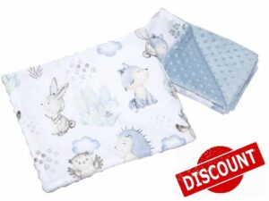 Medi Partners Baby Blanket Crawling Blanket with Pillow 100% Cotton Minky Children's Blanket 55 x 75 + 35 x 30 cm Multifunctional for Pushchair Baby Seat Cradle (Deer and Hedgehog with Light Blue